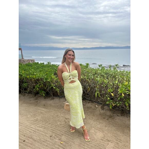 RONNY KOBO X RTR Green Printed Knotted Neckline Waist Cutout Dress Size 4 - Picture 13 of 16